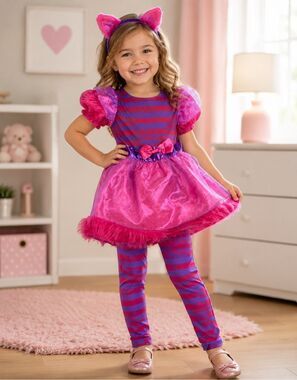 Cheshire Cat Costume Alice In Wonderland Child Size Small 4/6 Dress, Tights/Ears